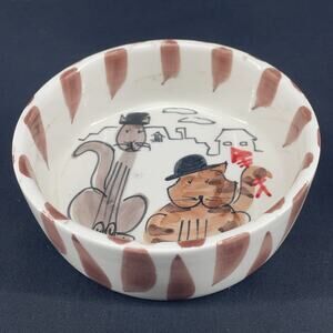 L Made in Italy, 2 Cats Hats Fish Bones 5.5" Ceramic Bowl Kitschy Hand Painted